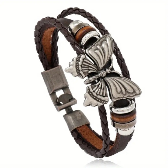 Retro Boho Brown PU Leather Braided Multi-layer Bracelet With Butterfly Charm - Picture 4 of 4